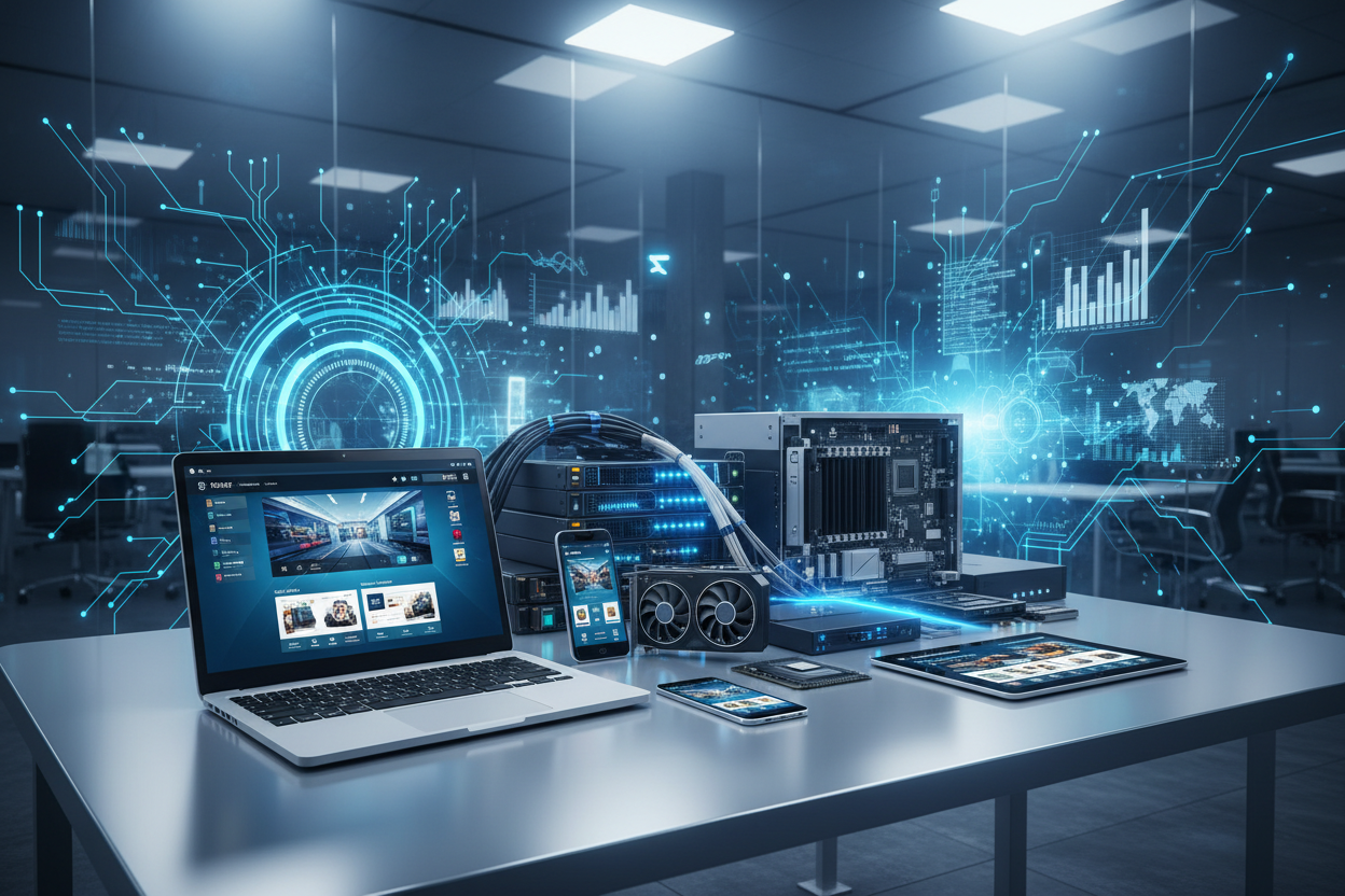 Verschiedene IT-Komponenten: Eine Zusammenstellung von Hardware-Elementen und Netzwerkausrüstung, die zur Ausstattung von Computern und Netzwerken dienen. Die Komponenten sind auf einem Tisch angeordnet und zeigen unterschiedliche Größen und Designs.