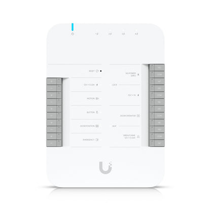 UBIQUITI UA-HUB: Ein kompakter, eleganter Netzwerk-Hub mit mehreren Ethernet-Anschlüssen, ideal für die Verbindung von Geräten in einem modernen Netzwerk. Der Hub ist in einem schlichten, weißen Gehäuse gehalten und zeigt eine LED-Anzeige für den Betriebsstatus.