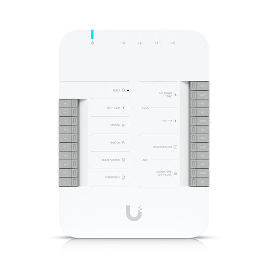 UBIQUITI UA-HUB: Ein kompakter, eleganter Netzwerk-Hub mit mehreren Ethernet-Anschlüssen, ideal für die Verbindung von Geräten in einem modernen Netzwerk. Der Hub ist in einem schlichten, weißen Gehäuse gehalten und zeigt eine LED-Anzeige für den Betriebsstatus.