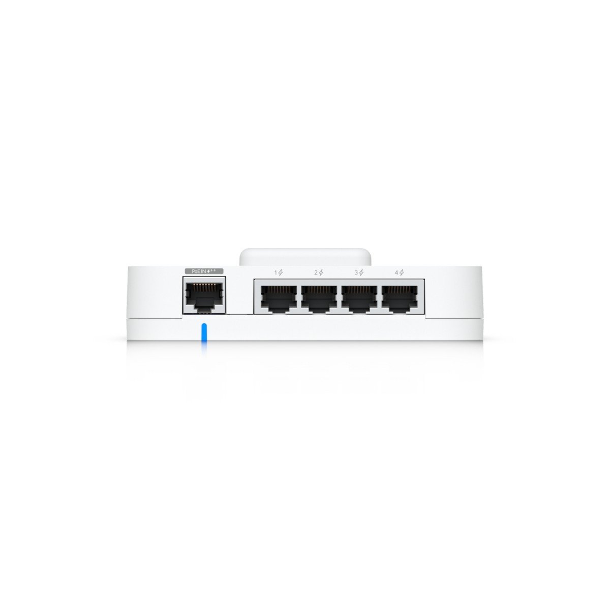 UBIQUITI UA-HUB: Ein kompakter, eleganter Netzwerk-Hub mit mehreren Ethernet-Anschlüssen, ideal für die Verbindung von Geräten in einem modernen Netzwerk. Der Hub ist in einem schlichten, weißen Gehäuse gehalten und zeigt eine LED-Anzeige für den Betriebsstatus.