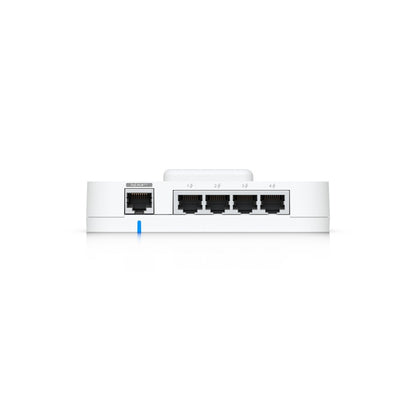 UBIQUITI UA-HUB: Ein kompakter, eleganter Netzwerk-Hub mit mehreren Ethernet-Anschlüssen, ideal für die Verbindung von Geräten in einem modernen Netzwerk. Der Hub ist in einem schlichten, weißen Gehäuse gehalten und zeigt eine LED-Anzeige für den Betriebsstatus.