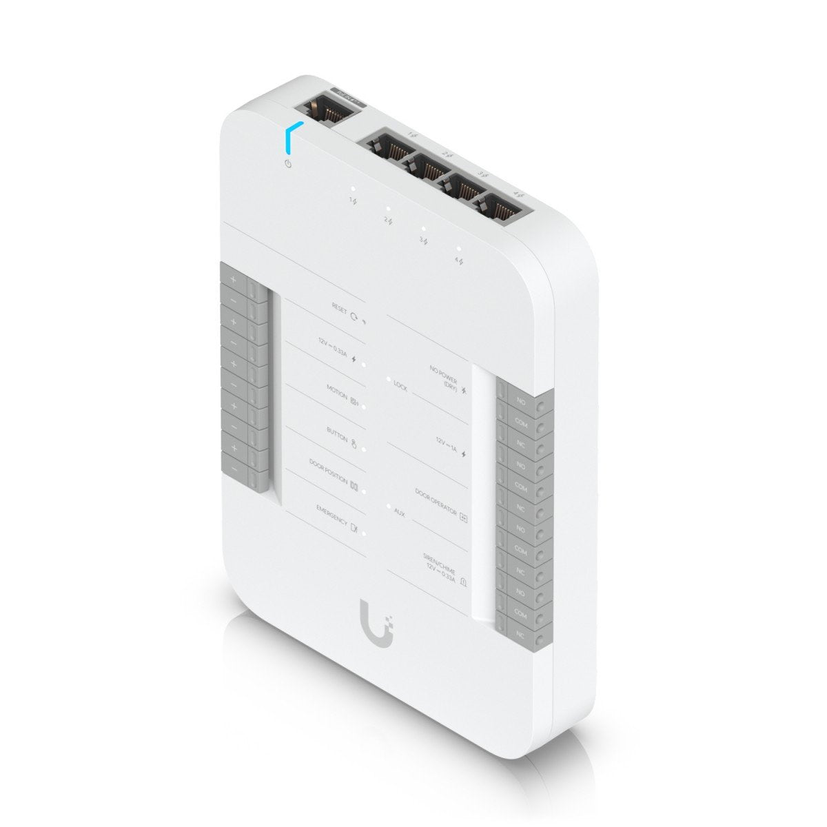 UBIQUITI UA-HUB: Ein kompakter, eleganter Netzwerk-Hub mit mehreren Ethernet-Anschlüssen, ideal für die Verbindung von Geräten in einem modernen Netzwerk. Der Hub ist in einem schlichten, weißen Gehäuse gehalten und zeigt eine LED-Anzeige für den Betriebsstatus.