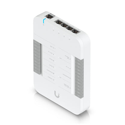 UBIQUITI UA-HUB: Ein kompakter, eleganter Netzwerk-Hub mit mehreren Ethernet-Anschlüssen, ideal für die Verbindung von Geräten in einem modernen Netzwerk. Der Hub ist in einem schlichten, weißen Gehäuse gehalten und zeigt eine LED-Anzeige für den Betriebsstatus.