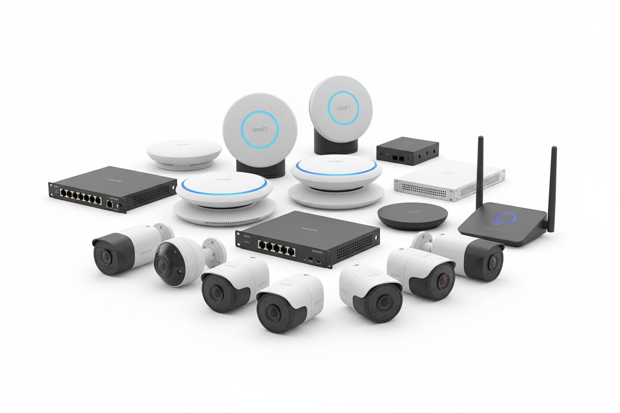 Verschiedene Ubiquiti Produkte: Eine Auswahl an Netzwerkgeräten, darunter Router, Switches und Access Points, die für die Verbesserung von Heim- und Unternehmensnetzwerken entwickelt wurden. Die Produkte sind in einem modernen Design gehalten und zeigen Ubiquiti charakteristisch auf einer einheitlichen Farbpalette.